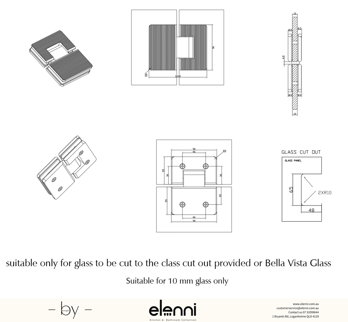 Shower Screen Hinge - Fluted - Glass To Glass - Elenni specification drawing