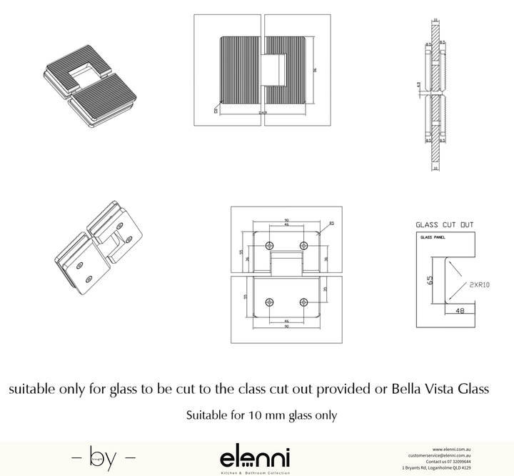 Shower Screen Hinge - Fluted - Glass To Glass - Elenni specification drawing