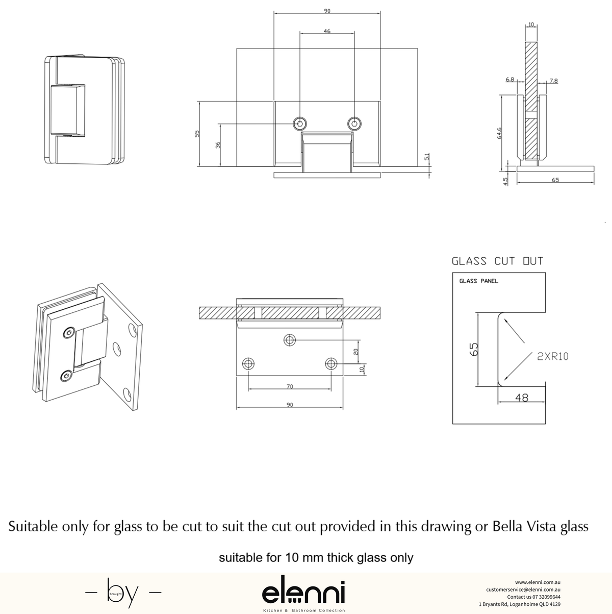 Shower Screen Hinge - Glass To Wall - Elenni specification drawing