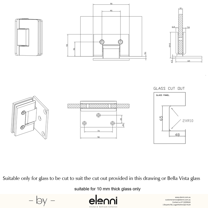Shower Screen Hinge - Glass To Wall - Elenni specification drawing