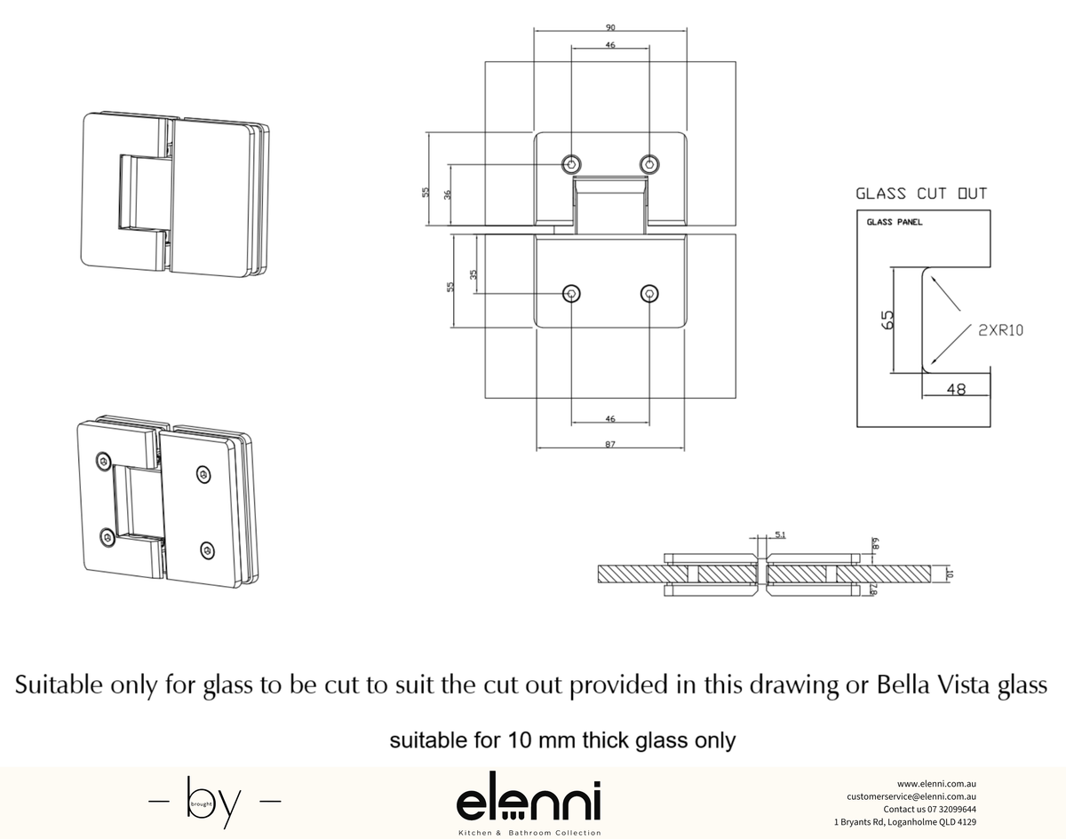 Shower Screen Hinge - Glass To Glass - Elenni specification drawing