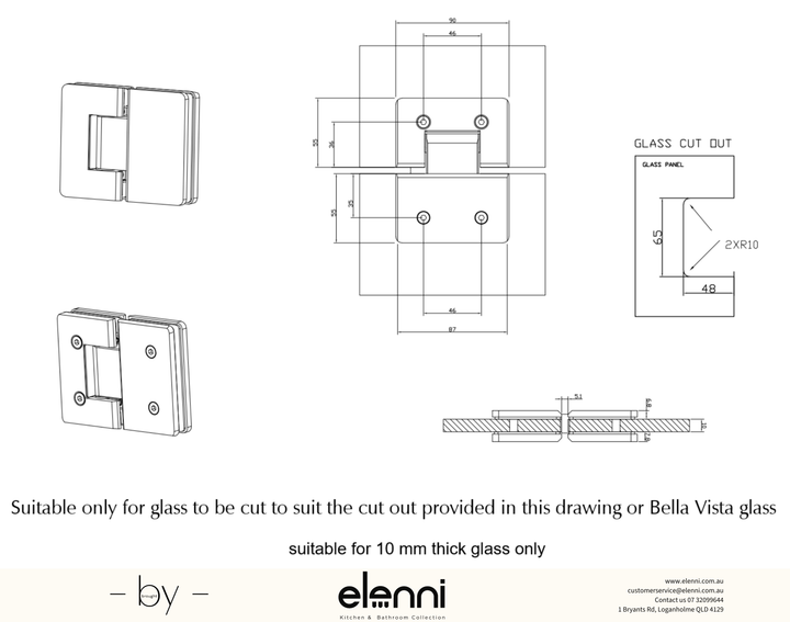 Shower Screen Hinge - Glass To Glass - Elenni specification drawing