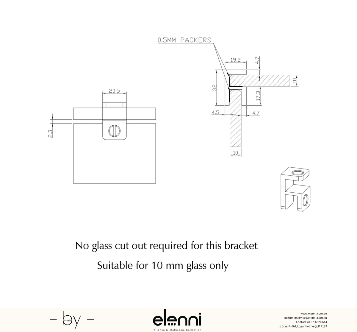 Shower Screen Top Plate Bracket - Elenni specification drawing