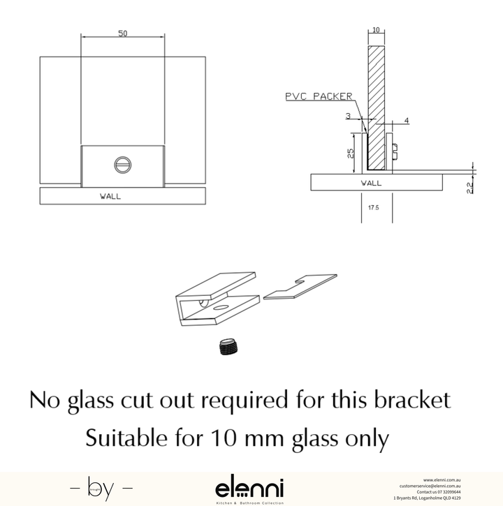 Shower Screen Wall Bracket - Elenni specification drawing