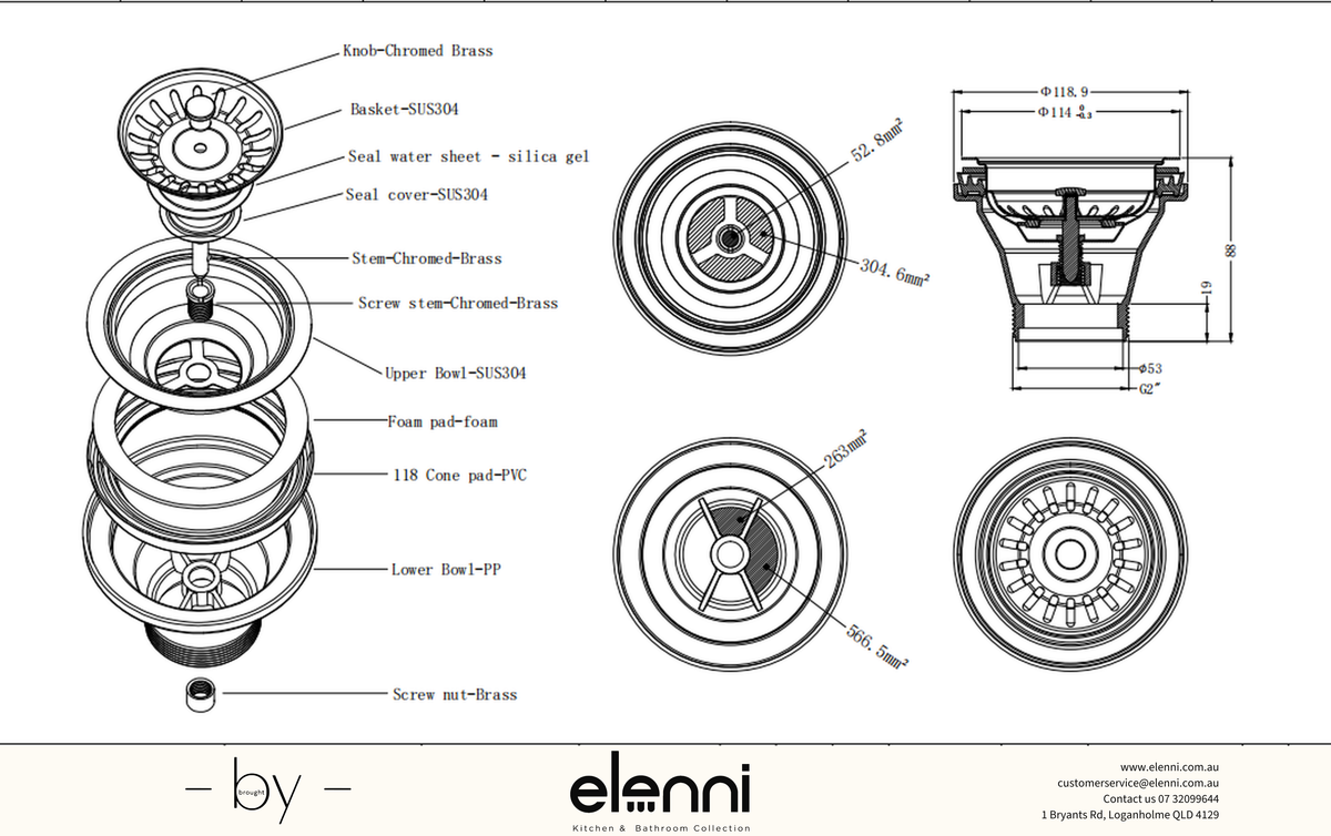 Elenni specification drawing — Sink Drain - Dusk Bronze