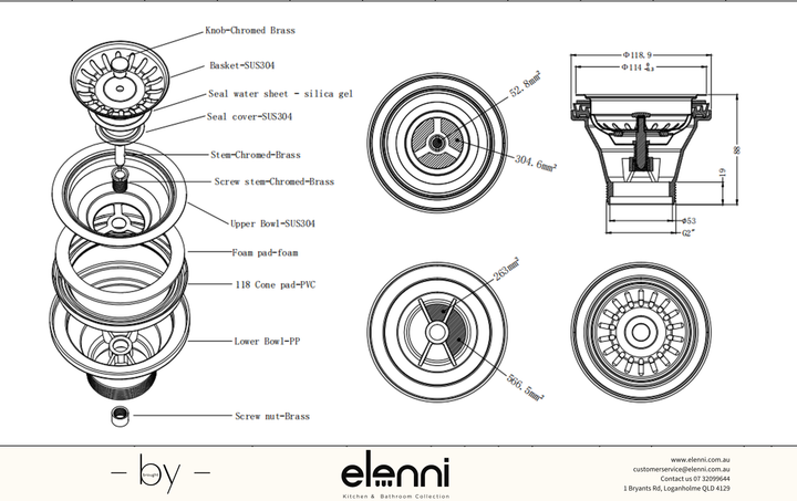 Elenni specification drawing — Sink Drain - Dusk Bronze