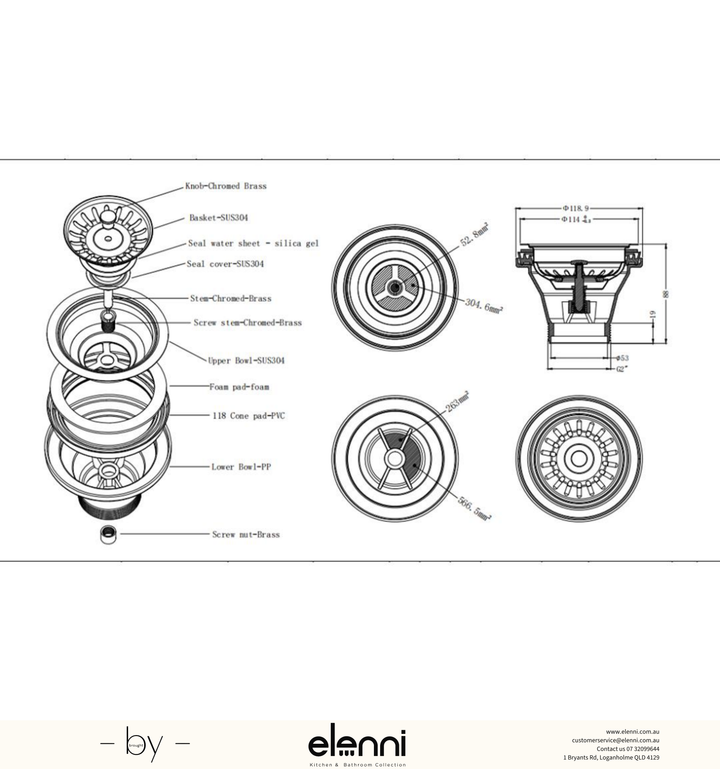 Sink Drain - Brushed Gunmetal - Elenni specification drawing
