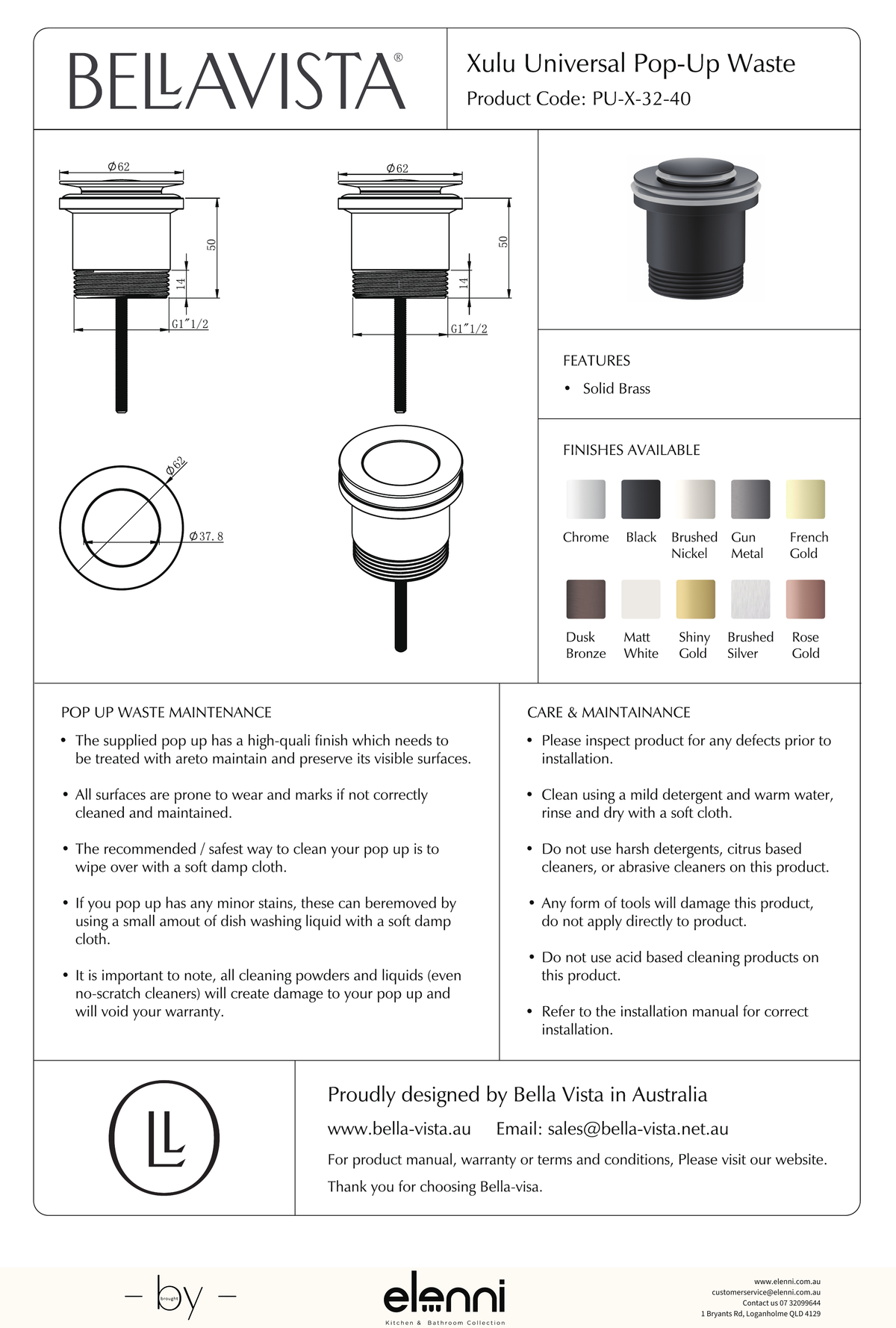 Bella Vista Xulu Universal Pop-Up Waste - Elenni specification drawing
