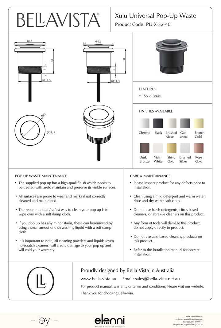 Bella Vista Xulu Universal Pop-Up Waste - Elenni specification drawing