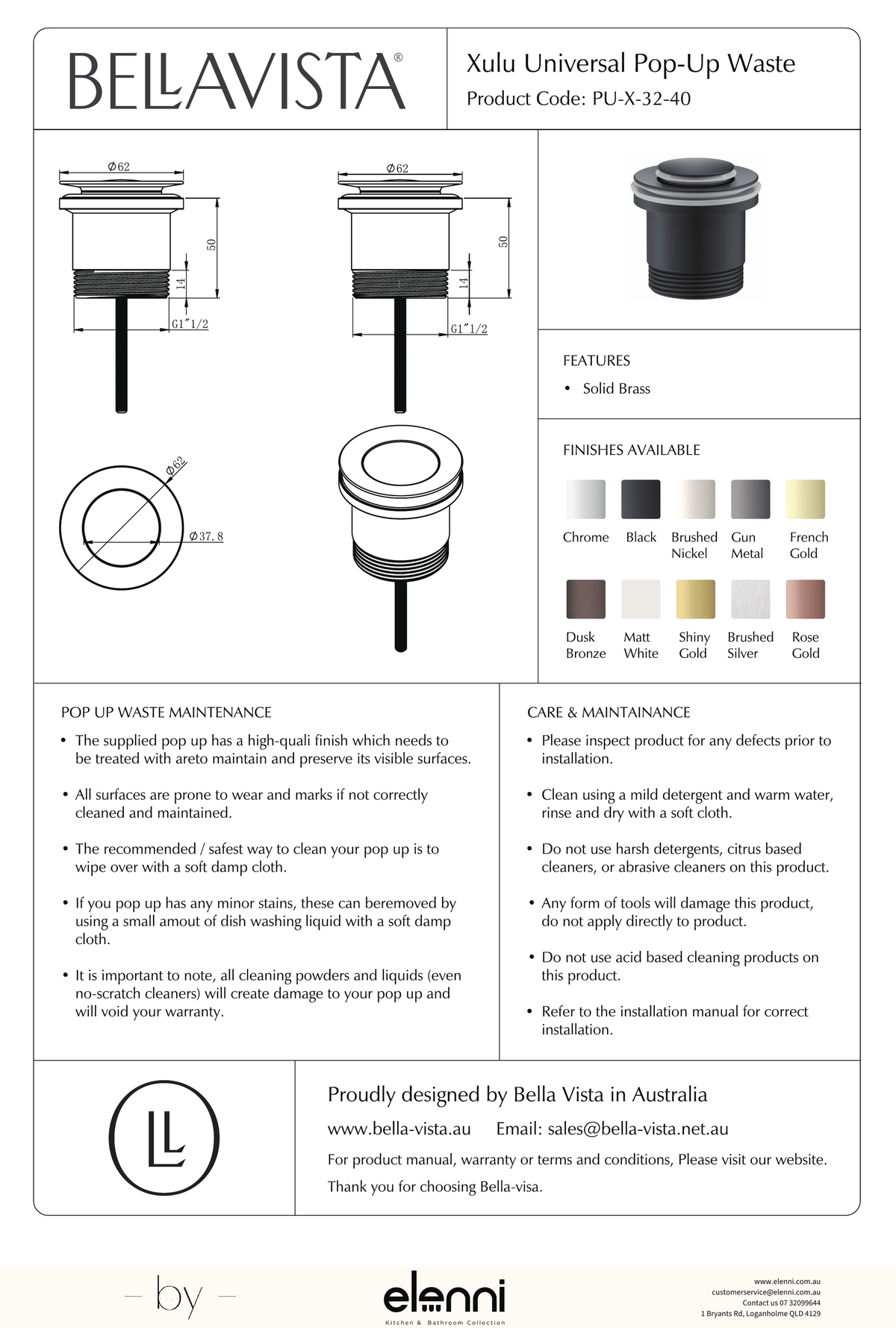 Bella Vista Xulu Universal Pop-Up Waste - Elenni specification drawing