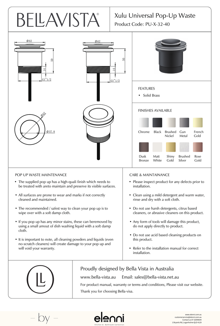 Bella Vista Xulu Universal Pop-Up Waste - Elenni specification drawing
