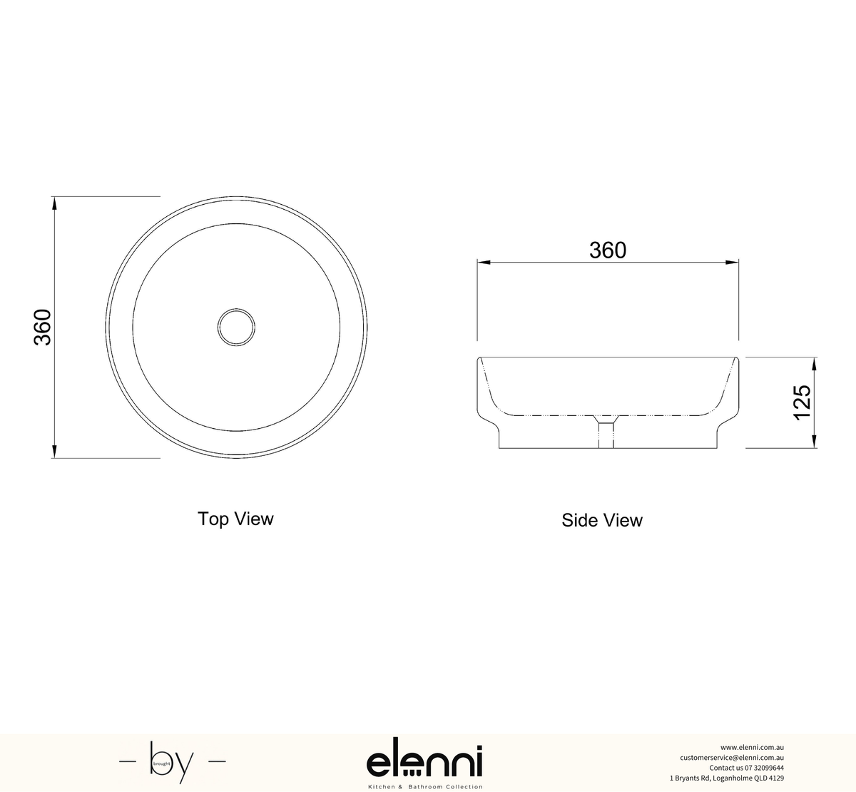 Chloe 360x360x125 Matte White Basin - Elenni specification drawing