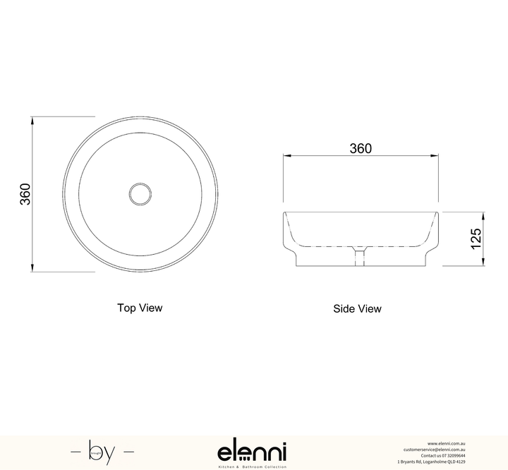 Chloe 360x360x125 Matte White Basin - Elenni specification drawing