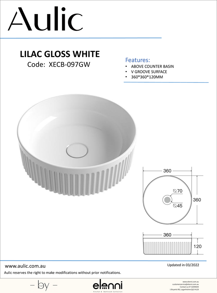 Lilac Gloss White Basin - Elenni specification drawing