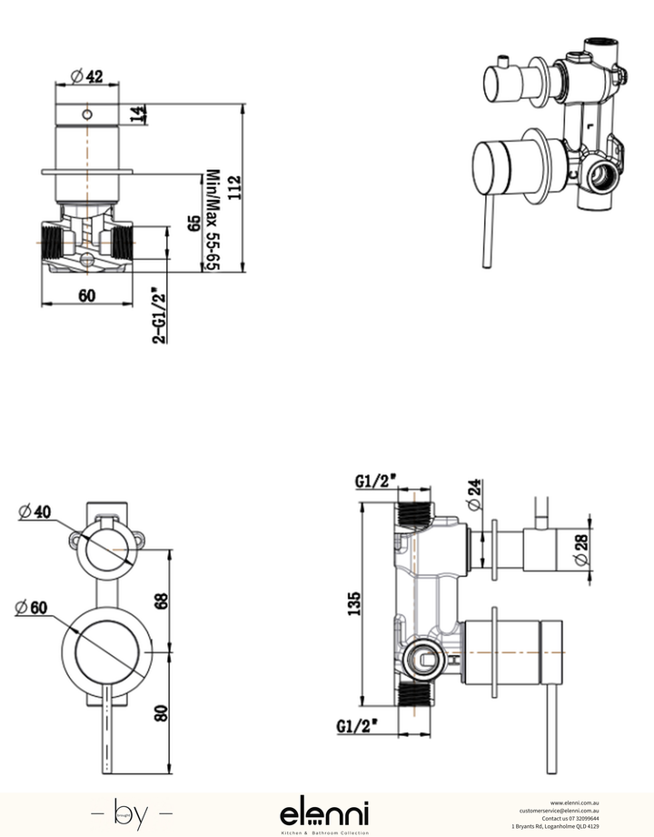 Elenni specification drawing — Mica Shower Mixer Diverter - BODY ONLY