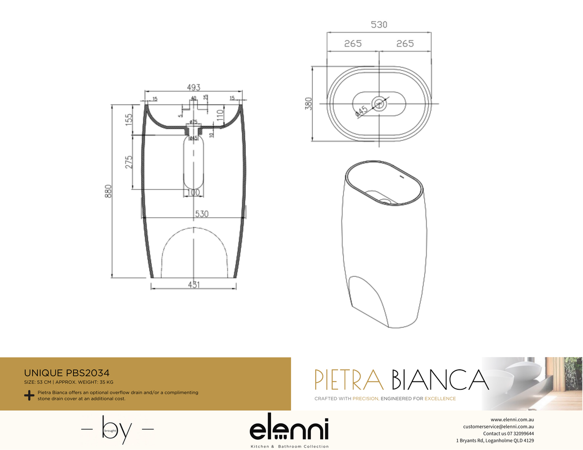 Unique Freestanding Pedestal Basin - Elenni specification drawing