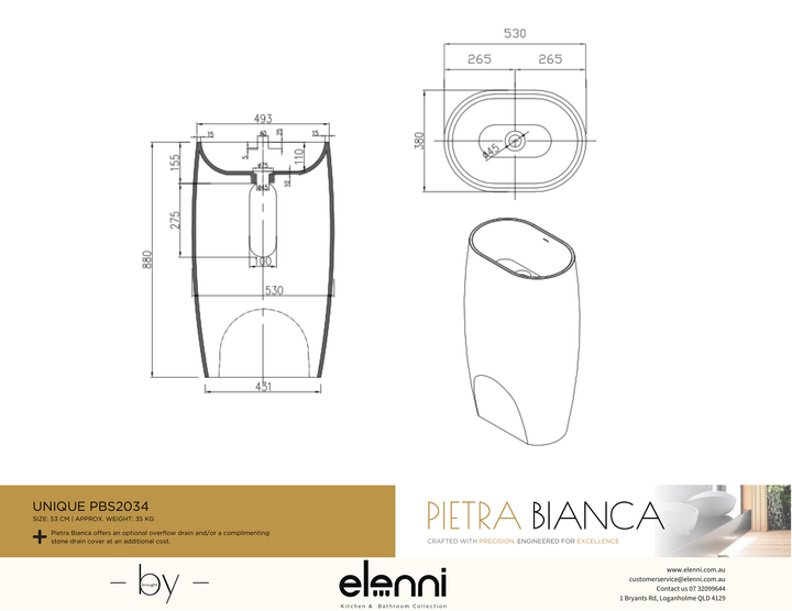 Unique Freestanding Pedestal Basin - Elenni specification drawing