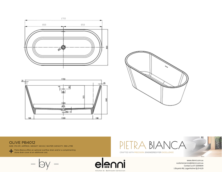 Olive Freestanding Bath - Elenni specification drawing