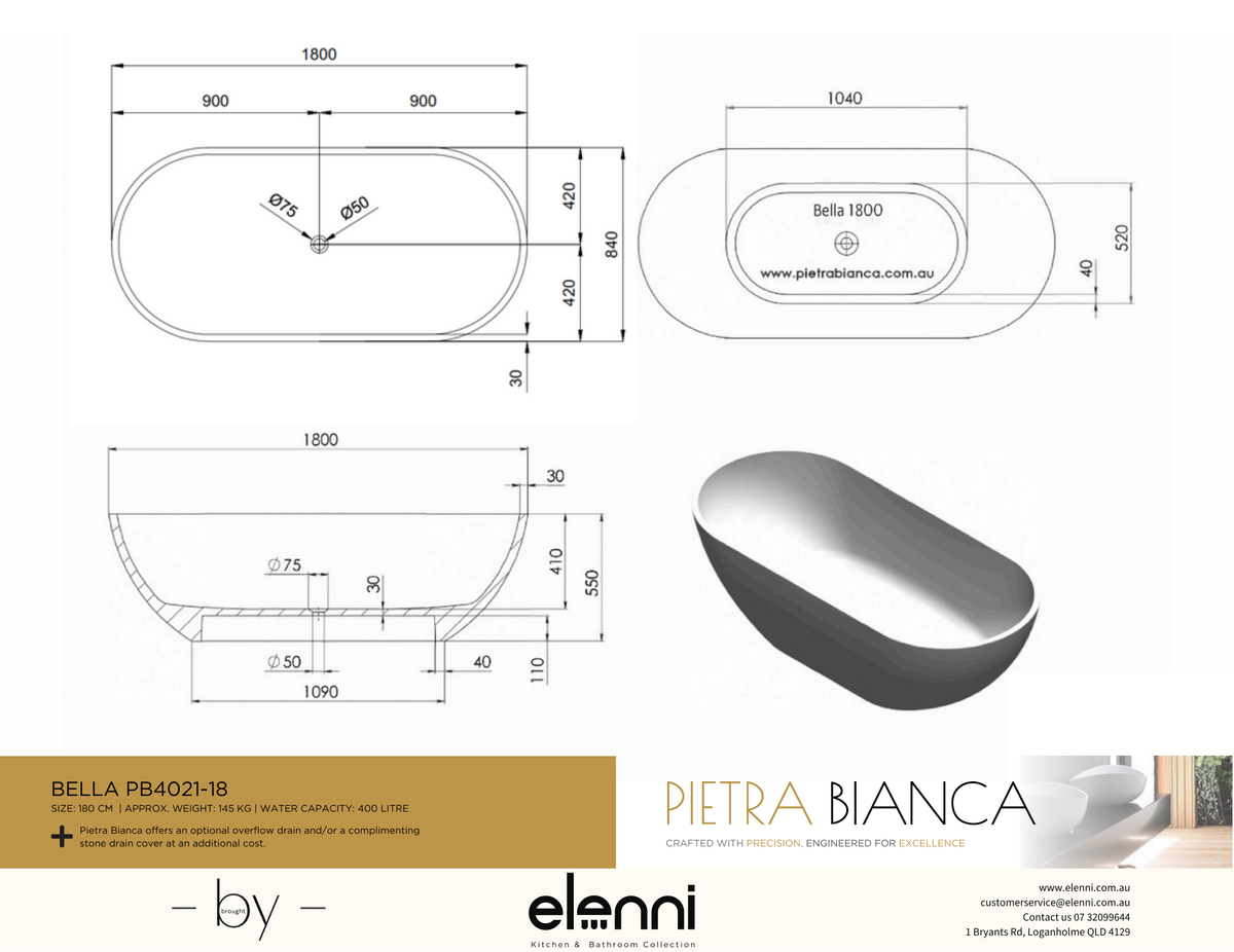 Bella 1800mm Freestanding Bath - Elenni specification drawing