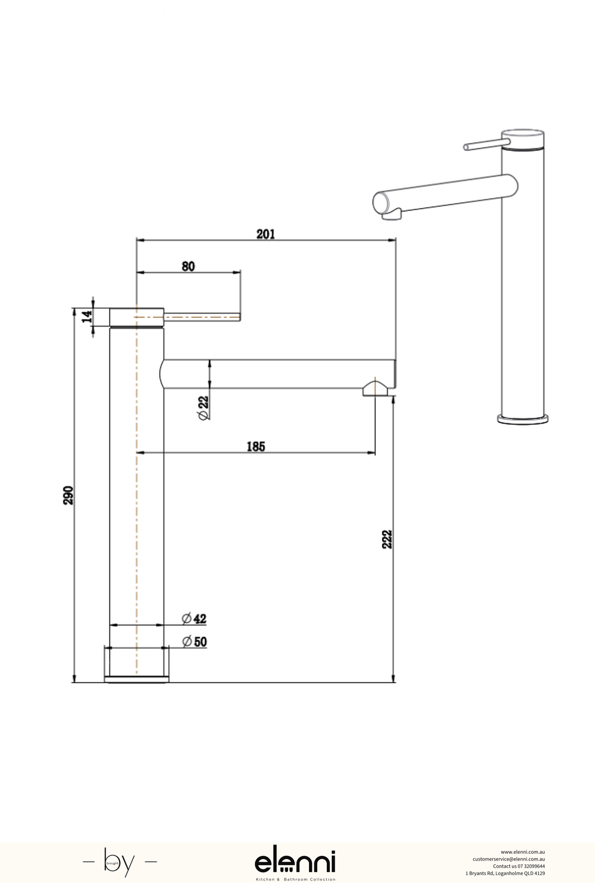 Elenni specification drawing — Mica Straight Tall Basin Mixer