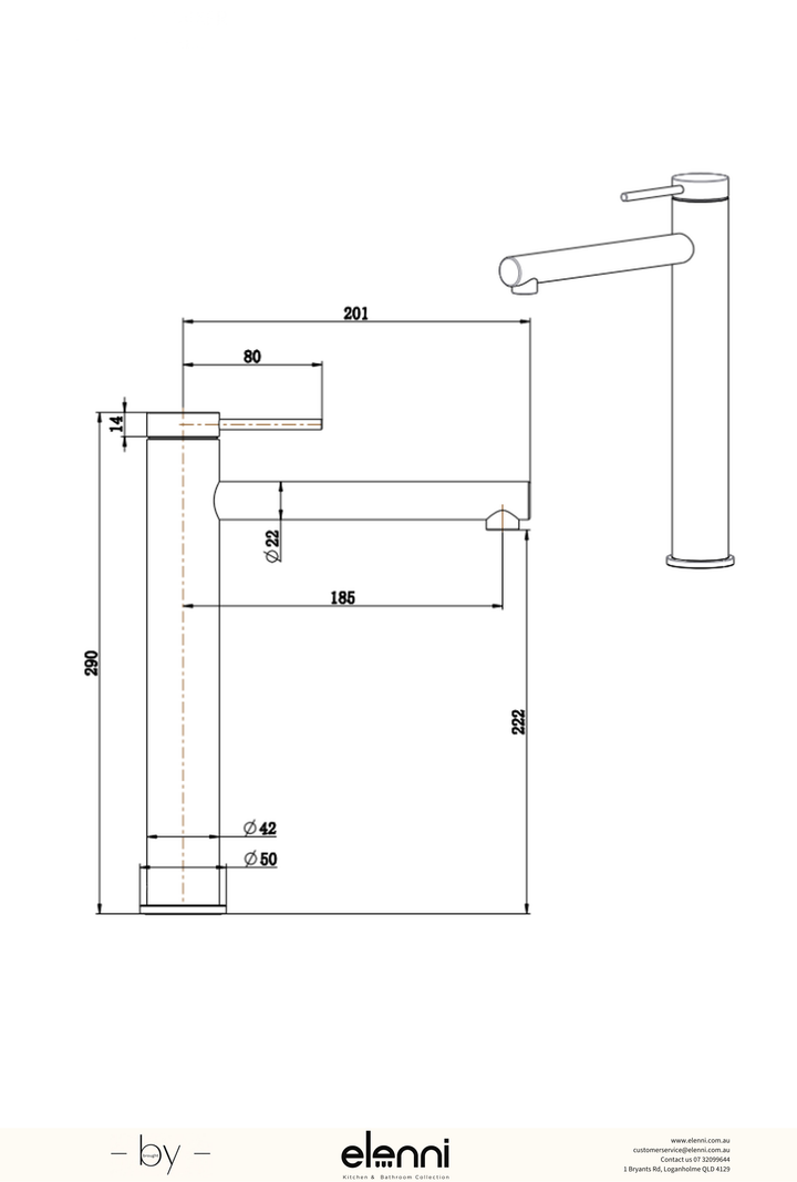 Elenni specification drawing — Mica Straight Tall Basin Mixer