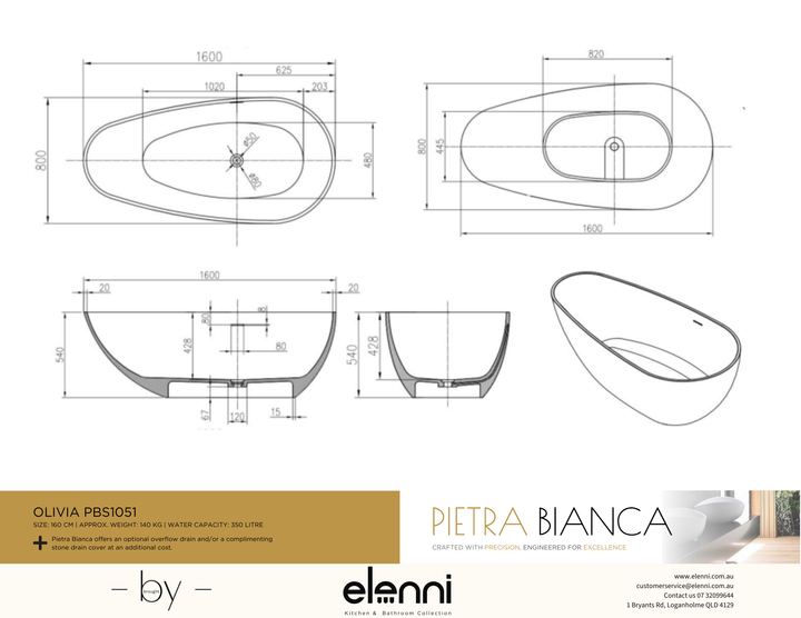 Olivia 1600mm Freestanding Bath - Elenni specification drawing