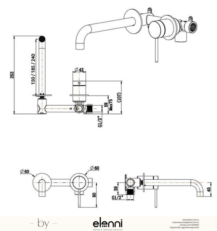 Mica Wall-Spout Combo - Curved Spout - 2P - TRIM KIT ONLY - Elenni specification drawing