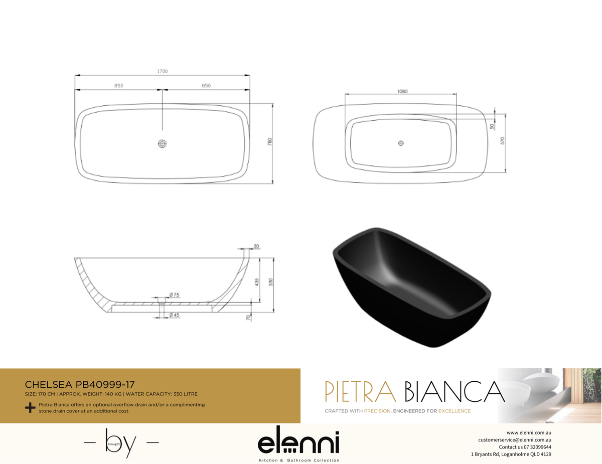 Chelsea 1700mm Freestanding Bath - Elenni specification drawing