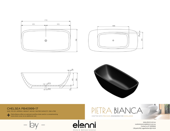 Chelsea 1700mm Freestanding Bath - Elenni specification drawing