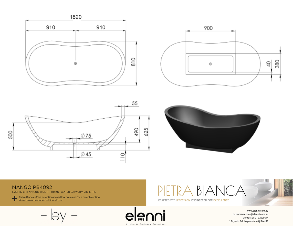 Mango Freestanding Bath - Elenni specification drawing