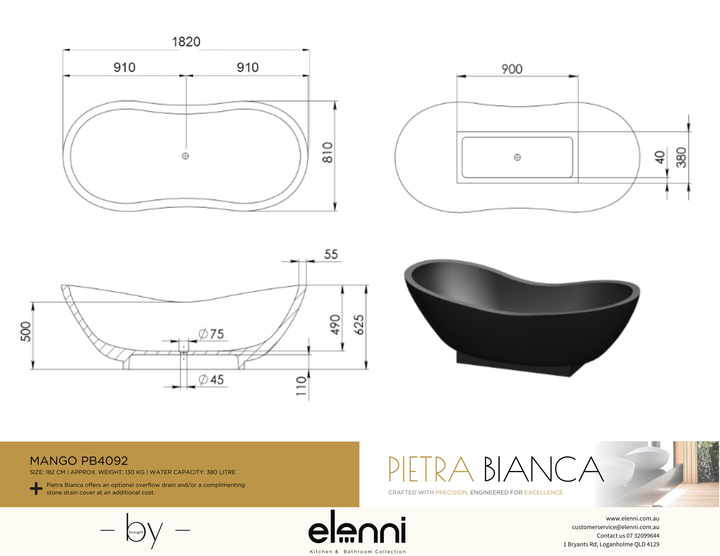 Mango Freestanding Bath - Elenni specification drawing
