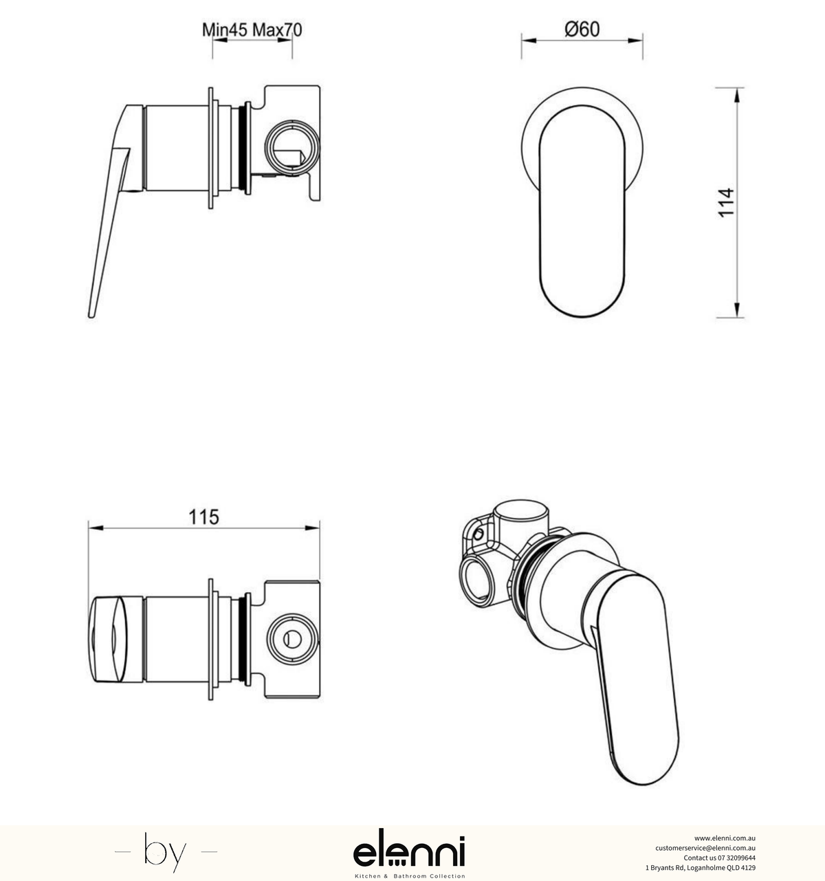 Bella Vista Lantra Shower Mixer – Round Plate – Trim Kit Only - Elenni specification drawing