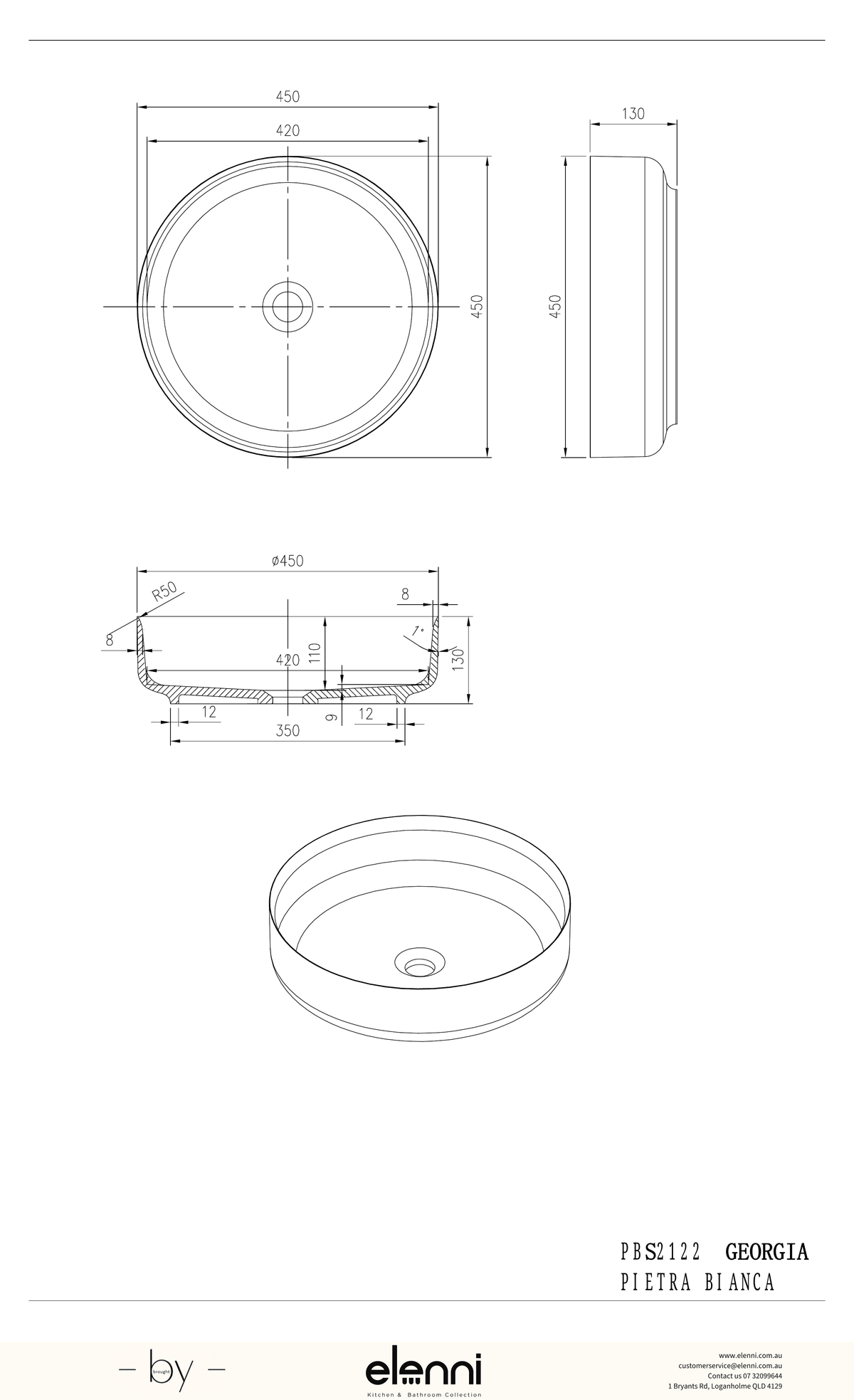 Georgia 450mm Above Counter Basin - Elenni specification drawing