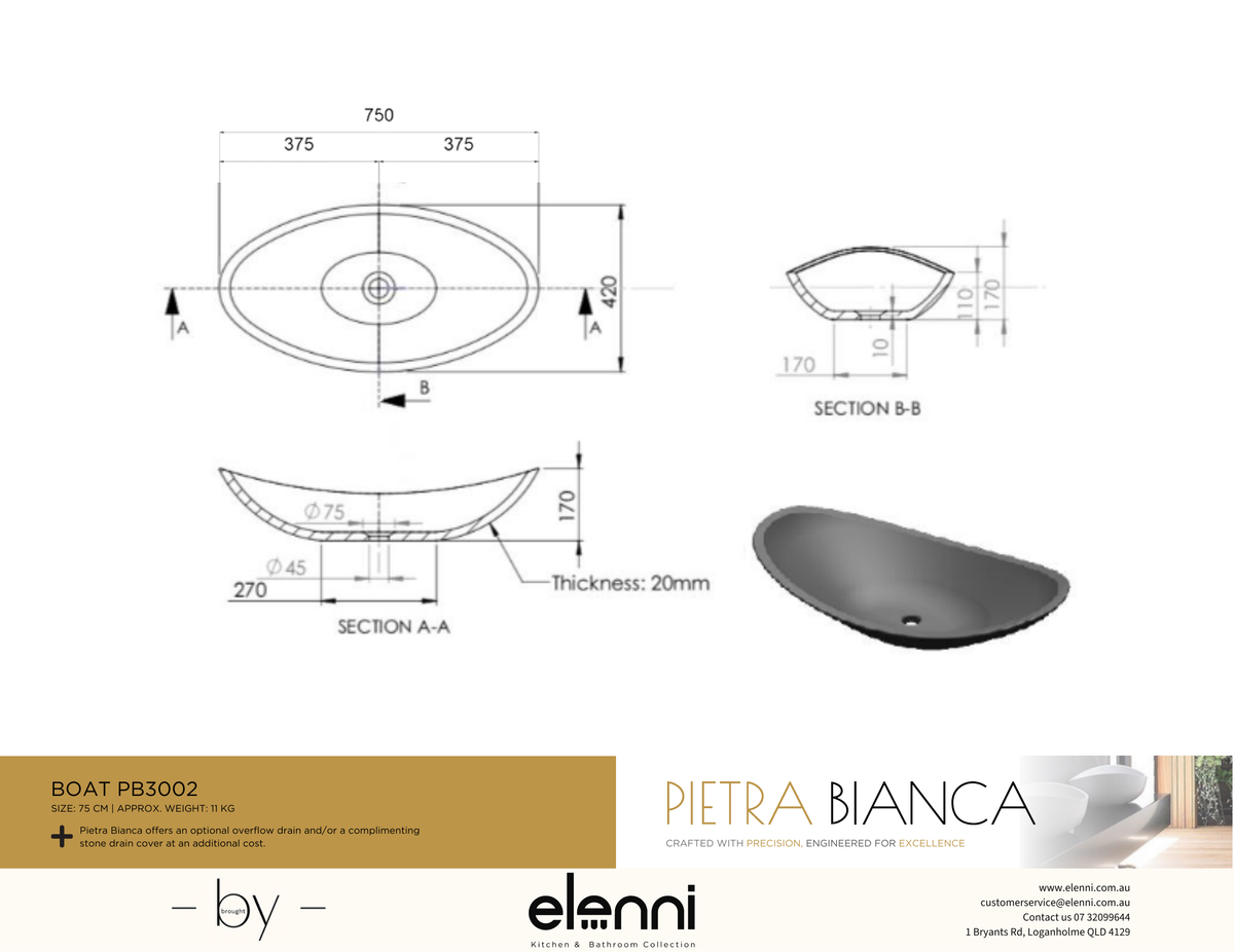 Boat Above Counter Basin - Elenni specification drawing