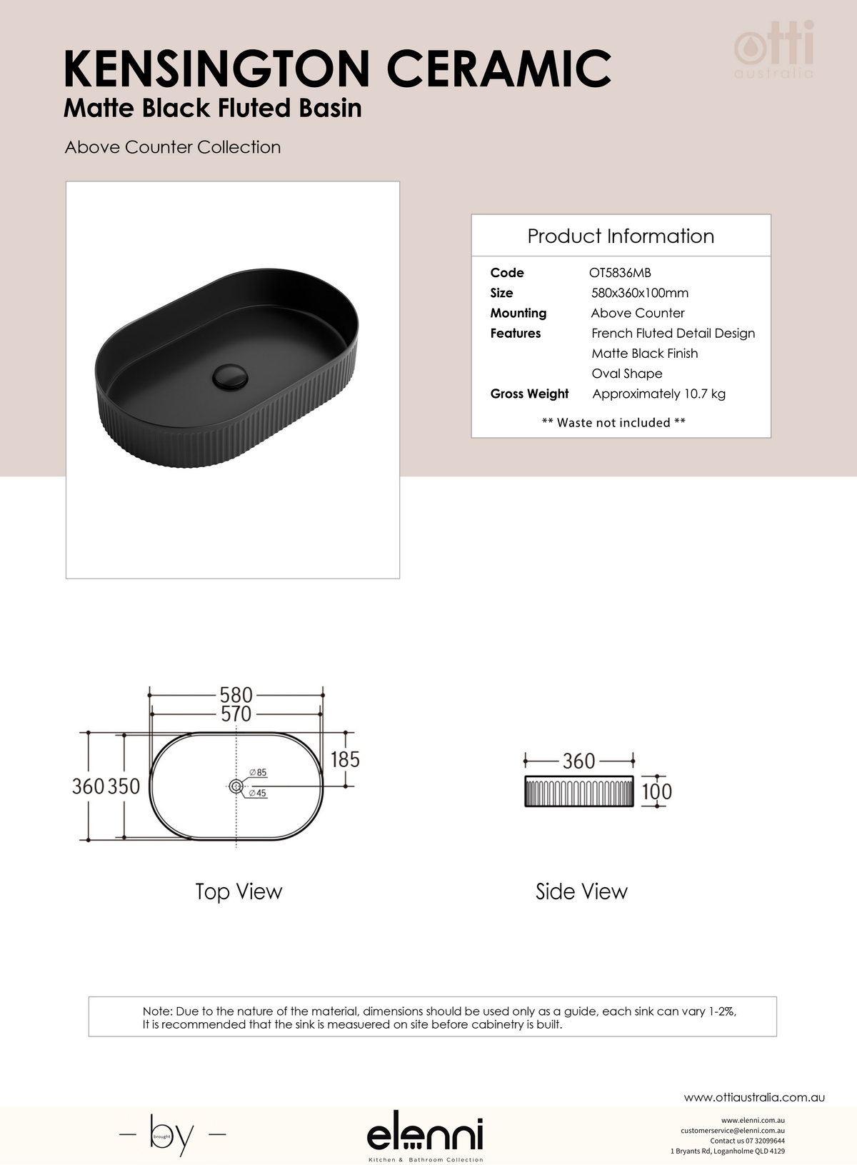 Kensington Oval 580x360x120 Matte Black Basin - Elenni specification drawing