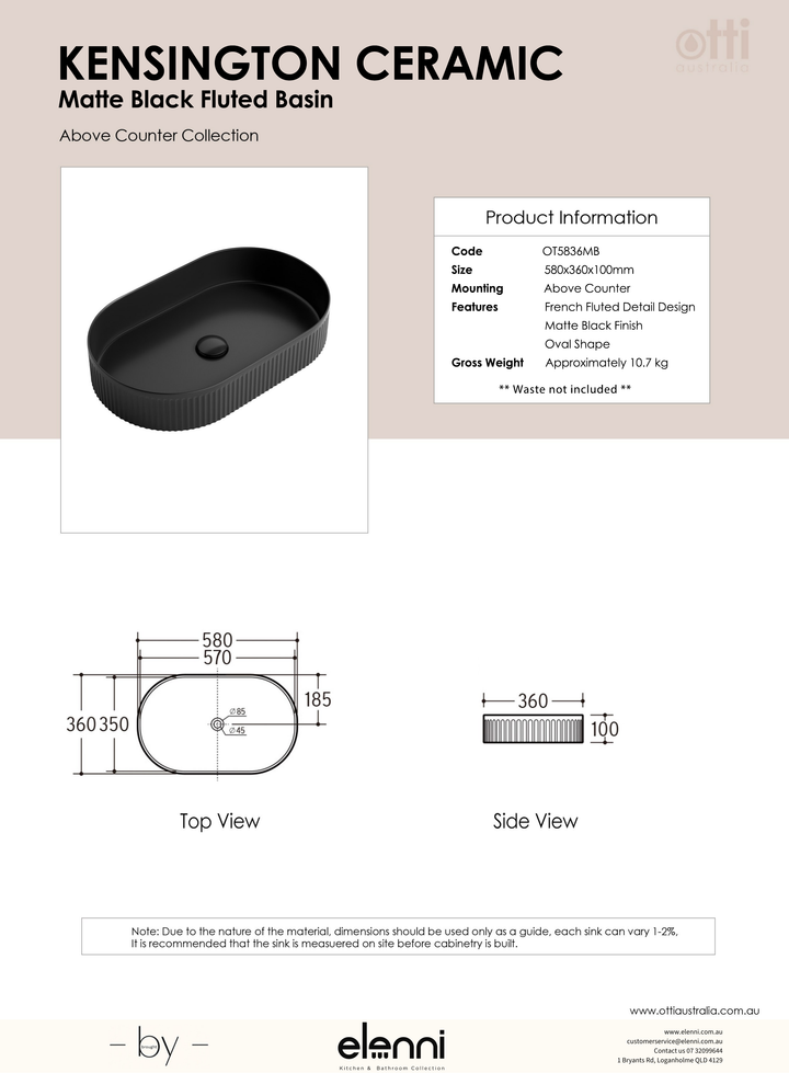 Kensington Oval 580x360x120 Matte Black Basin - Elenni specification drawing