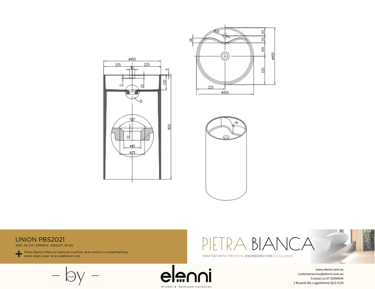 Union Freestanding Pedestal Basin - Elenni specification drawing