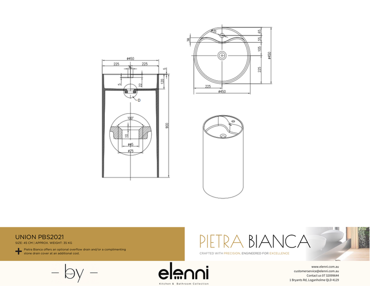 Union Freestanding Pedestal Basin - Elenni specification drawing