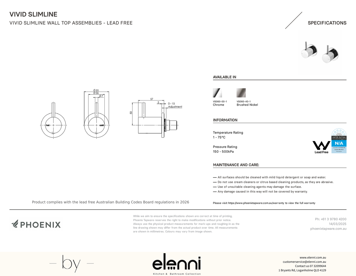 Elenni specification drawing — Vivid Slimline Wall Top Assemblies