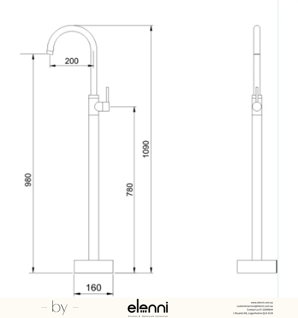 Mica Freestanding Bath Mixer - Elenni specification drawing