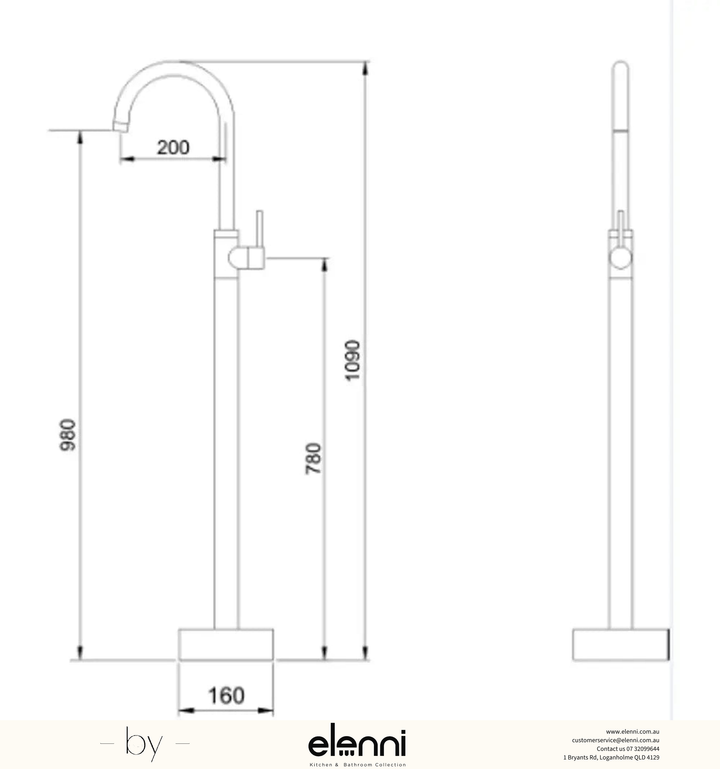 Mica Freestanding Bath Mixer - Elenni specification drawing