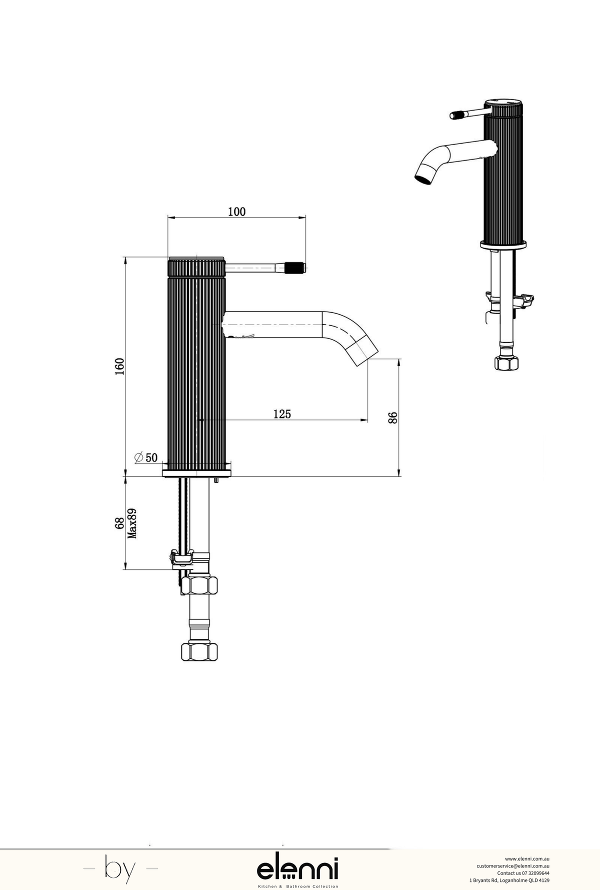 Mica Fluted Basin Mixer - Elenni specification drawing