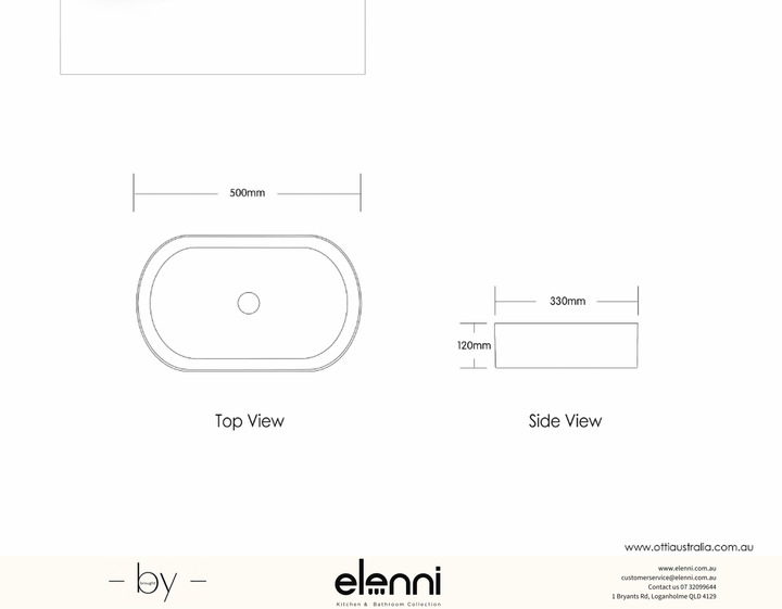 Elenni specification drawing — Quay Oval 500x330x120 Matte Carrara Basin