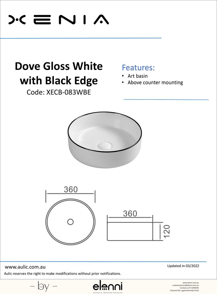 Dove Matte White Basin - Elenni specification drawing