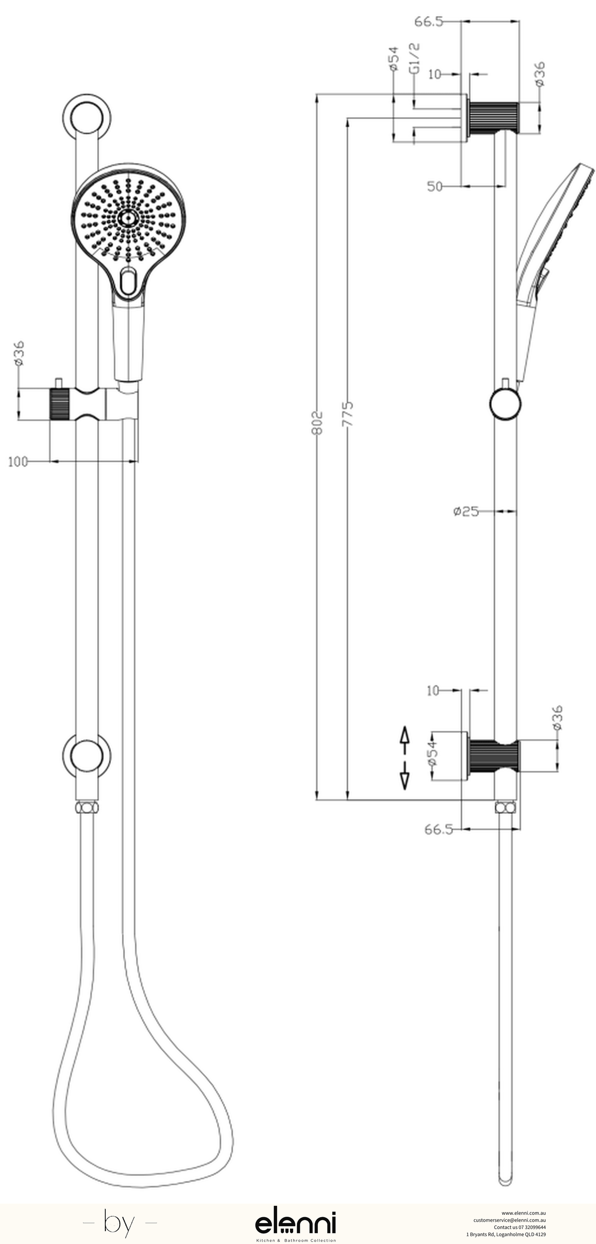 Mica Fluted Shower Rail - Elenni specification drawing