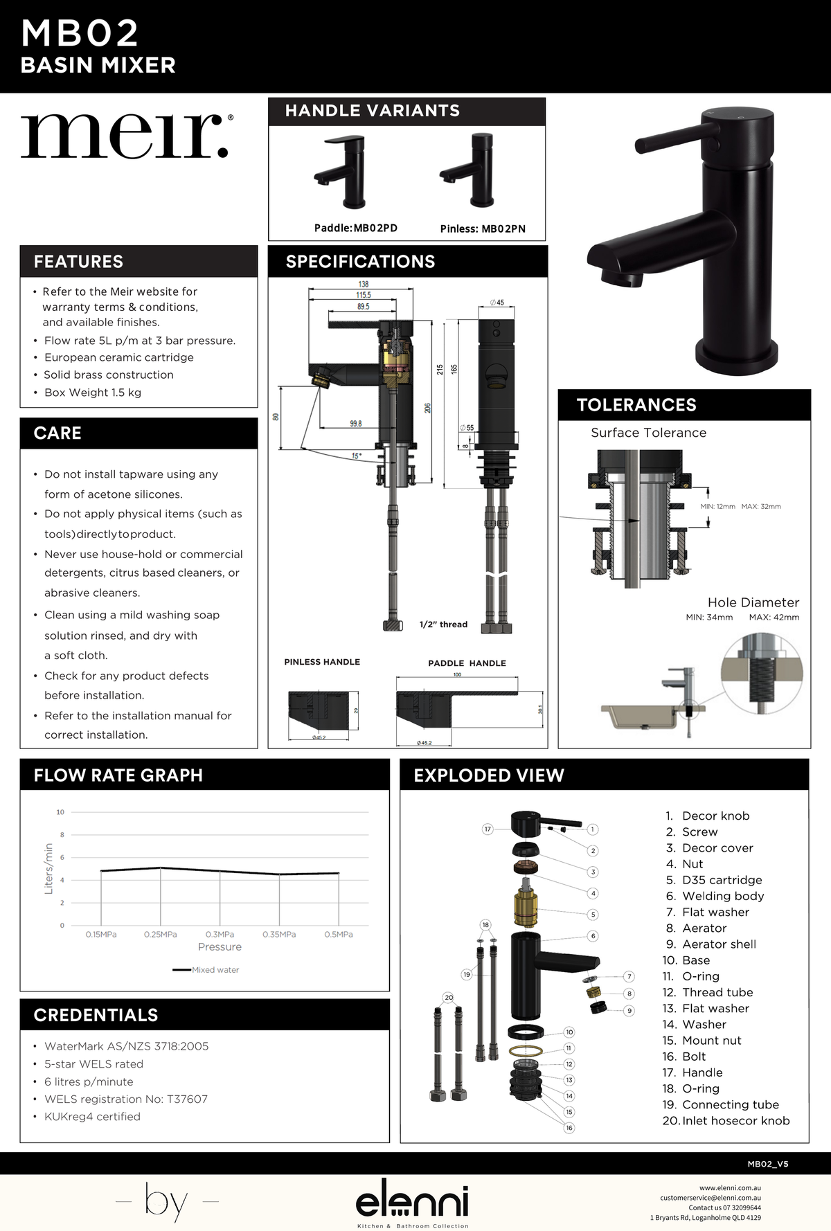 Round Pinless Basin Mixer - Elenni specification drawing