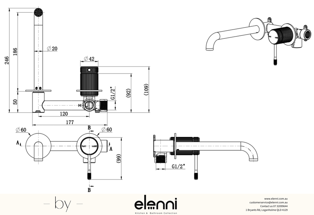 Mica Fluted Wall-Spout Combo - Elenni specification drawing