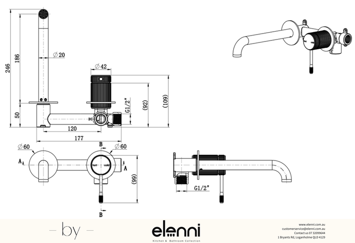 Mica Fluted Wall-Spout Combo - Elenni specification drawing