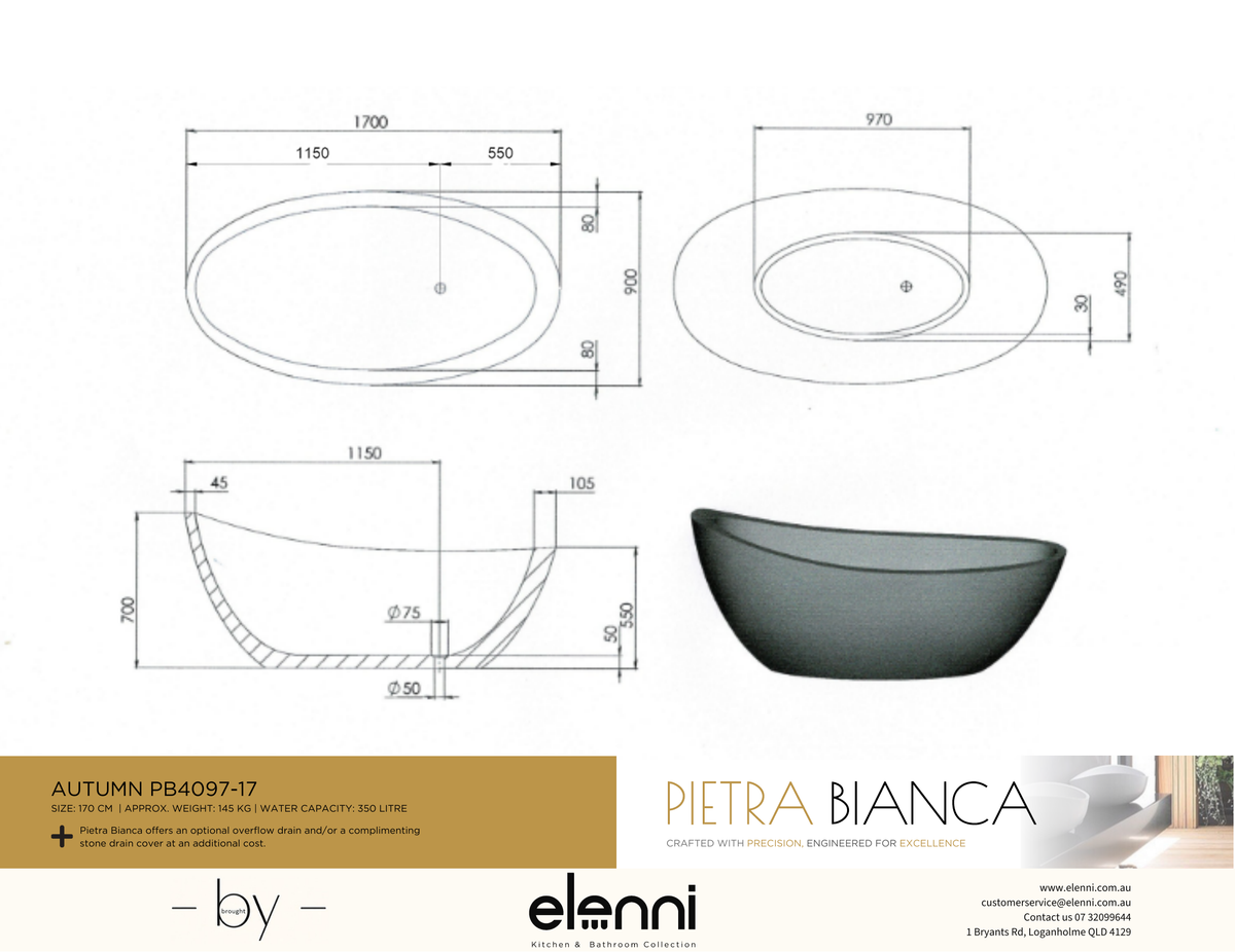 Autumn 1700mm Freestanding Bath - Elenni specification drawing