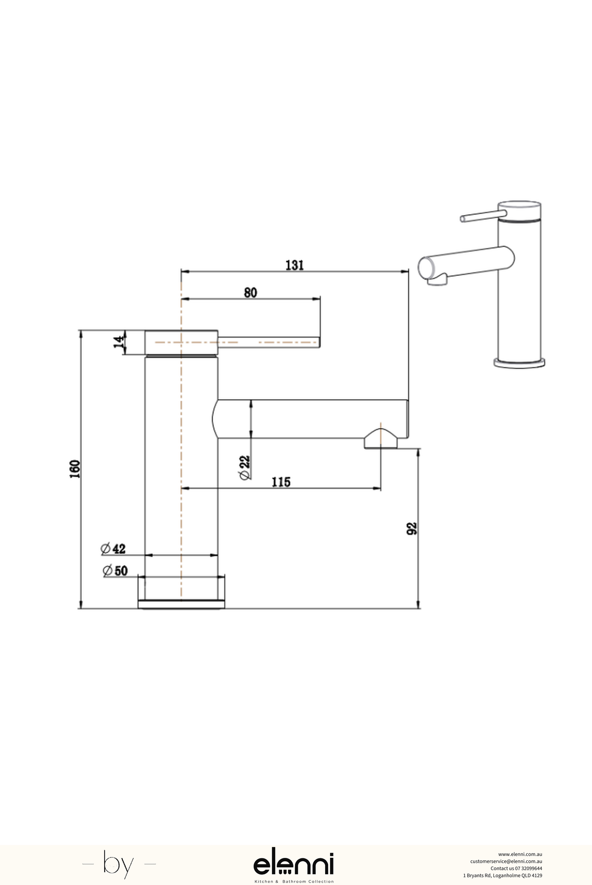 Elenni specification drawing — Mica Straight Basin Mixer
